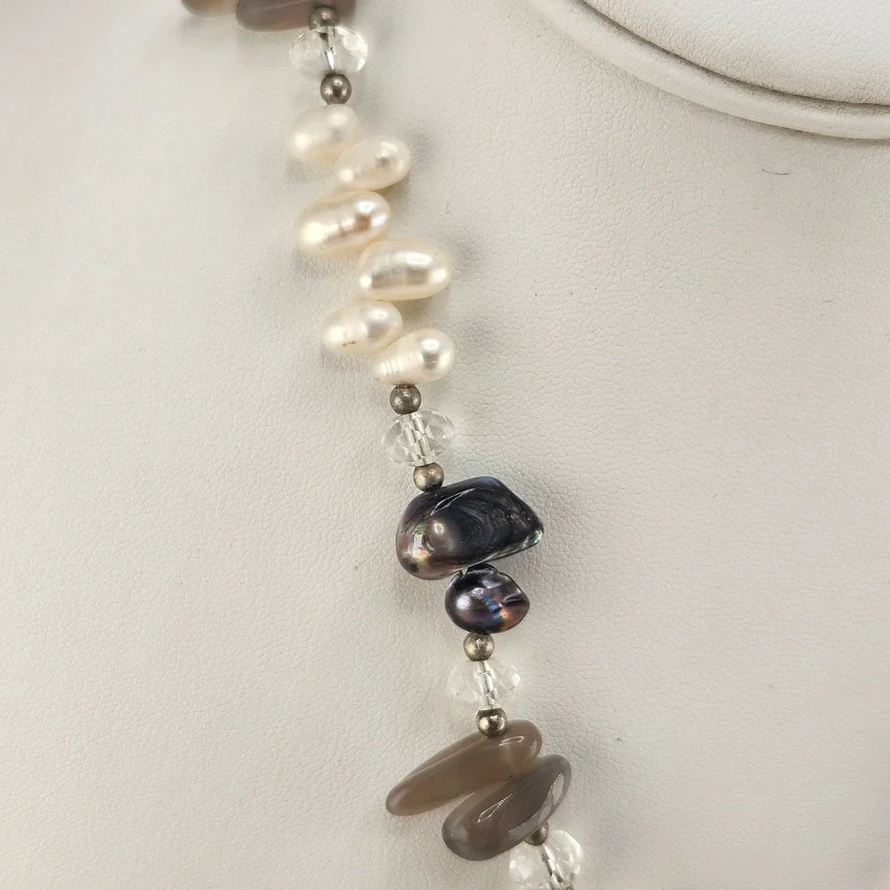 Freshwater Pearl Necklace Gray Flower Crystal‎ Stone Beaded Jewelry